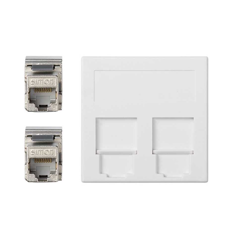 Plaque plate voix et données avec cache anti-poussière pour 1 élément avec 2 connecteurs RJ45 catégorie 6A FTP blanche Simon 500