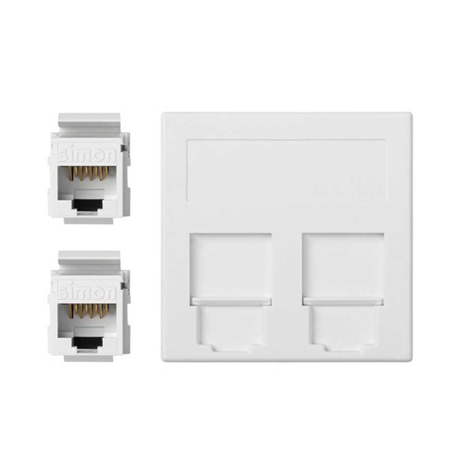 Flat voice and data plate with dust cover for 1 element with 2 RJ45 category 6 UTP white Simon 500 Cima