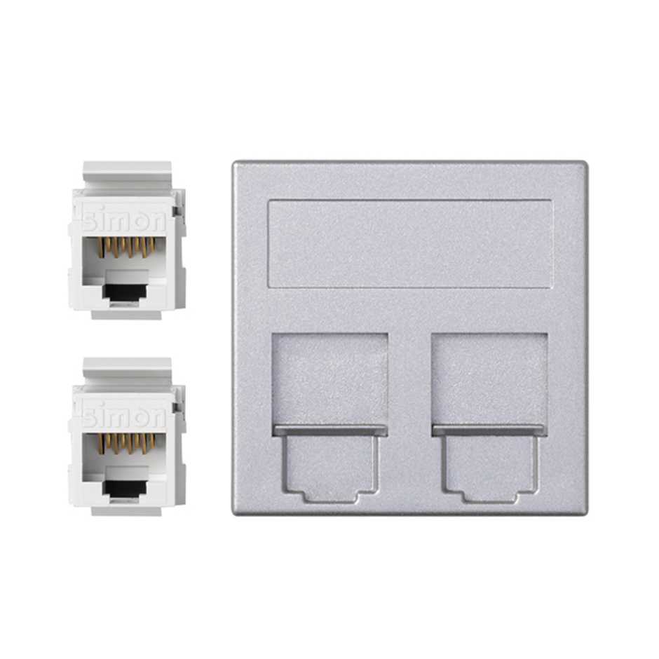 Plaque plate voix et données avec cache anti-poussière pour 1 élément avec 2 connecteurs RJ45 catégorie 6 UTP aluminium Simon 500