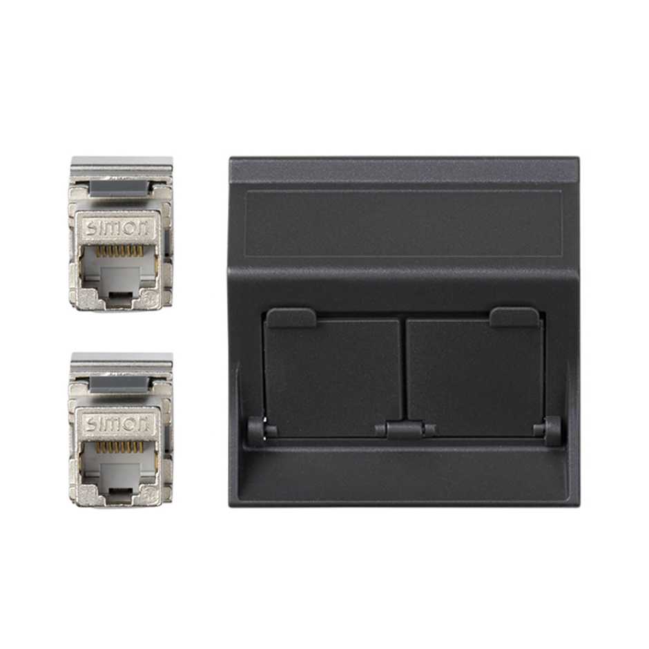 Angled voice and data plate with dust cover for 1 element with 2 RJ45 category 6 FTP graphite Simon 500 Cima