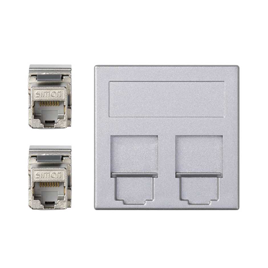 Plaque plate voix et données avec cache anti-poussière pour 1 élément avec 2 connecteurs RJ45 catégorie 6 FTP aluminium Simon 500
