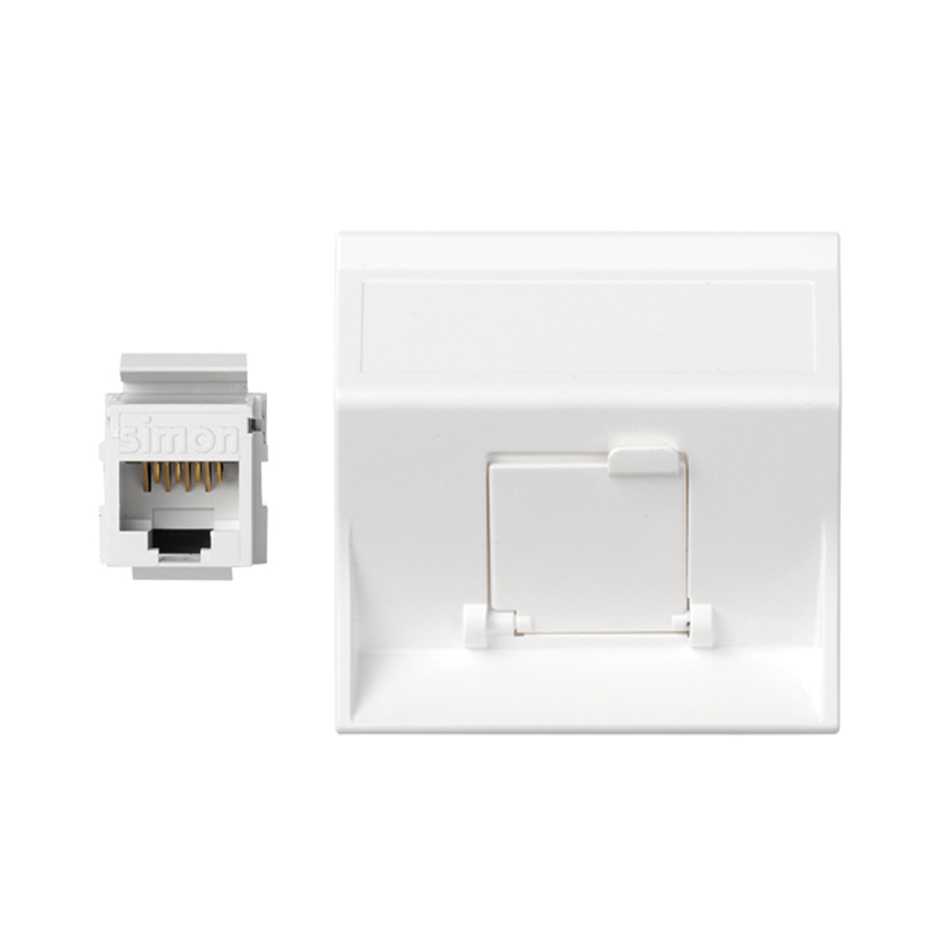 Plaque inclinée voix et données avec cache anti-poussière pour 1 élément avec 1 connecteur RJ45 catégorie 5e UTP blanche Simon 500