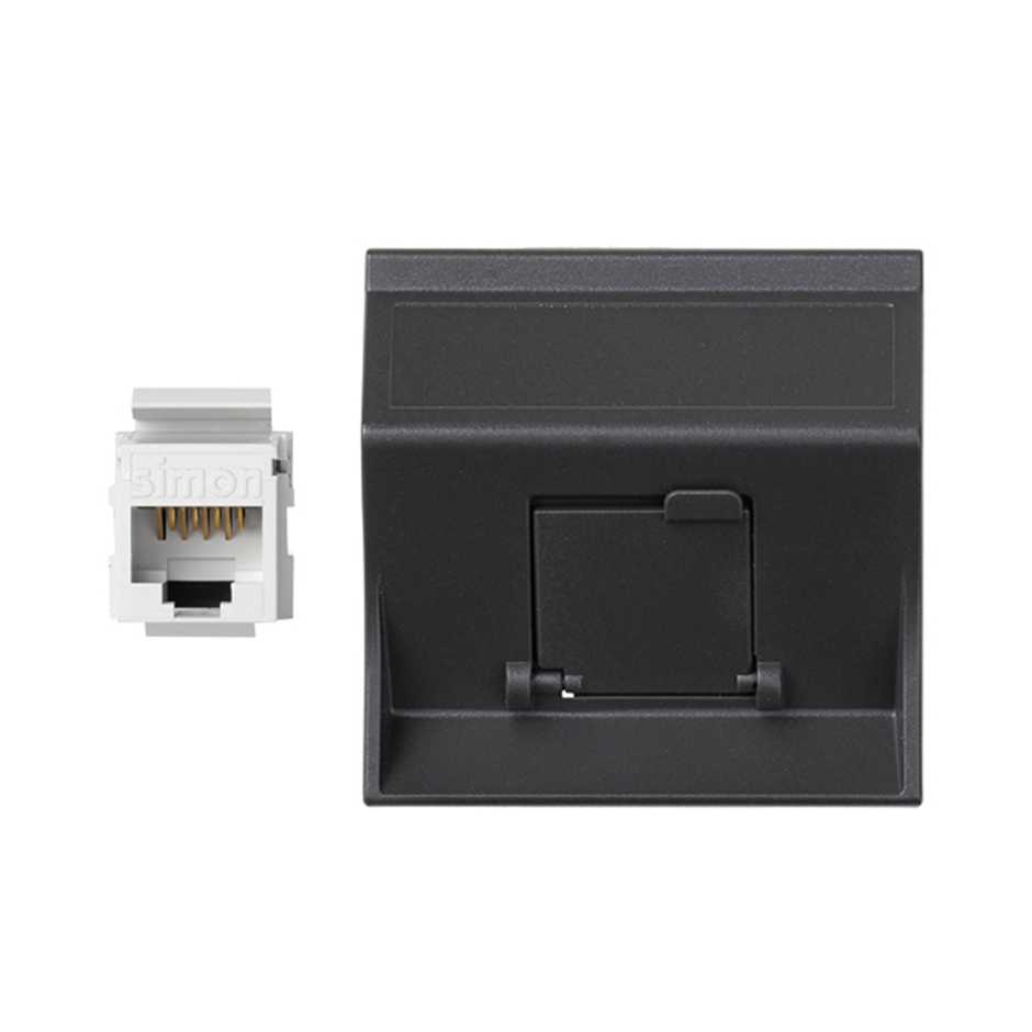 Plaque inclinée voix et données avec cache anti-poussière pour 1 élément avec 1 connecteur RJ45 catégorie 5e UTP graphite Simon 500