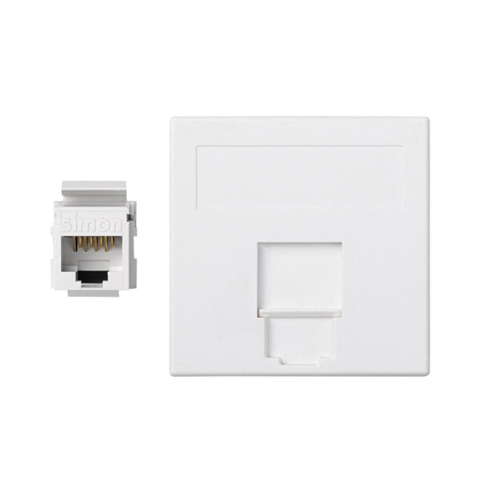 Plaque plate voix et données avec cache anti-poussière pour 1 élément avec 1 connecteur RJ45 catégorie 5e UTP blanche Simon 500