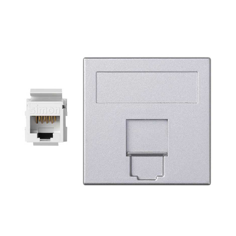 Flat voice and data plate with dust cover for 1 element with 1 category 5e UTP RJ45 aluminium Simon 500 Cima