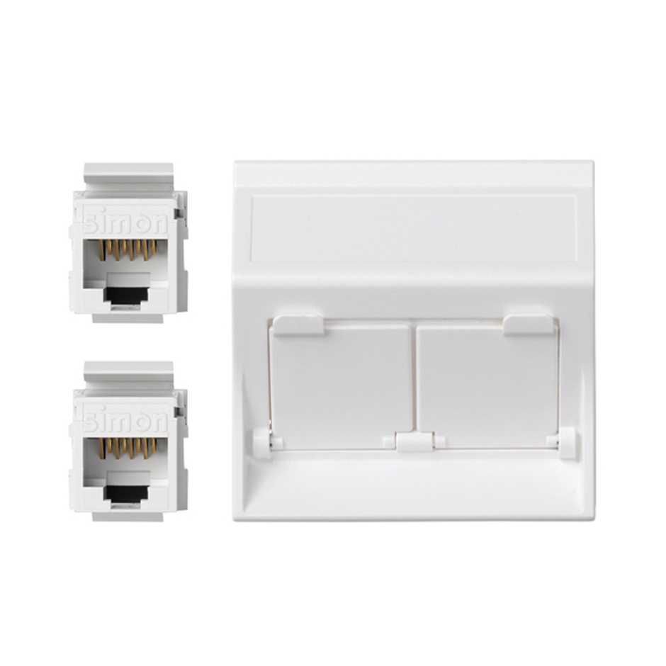 Placa de voz y datos inclinada con guardapolvo de 1 elemento con 2 RJ45 categoría 5e UTP blanco Simon 500 Cima