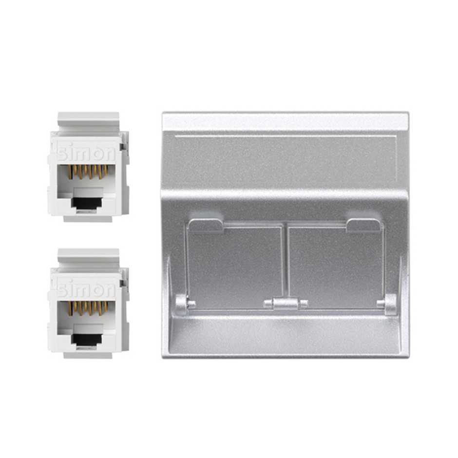 Plaque inclinée voix et données avec cache anti-poussière pour 1 élément avec 2 connecteurs RJ45 catégorie 5e UTP aluminium Simon 500