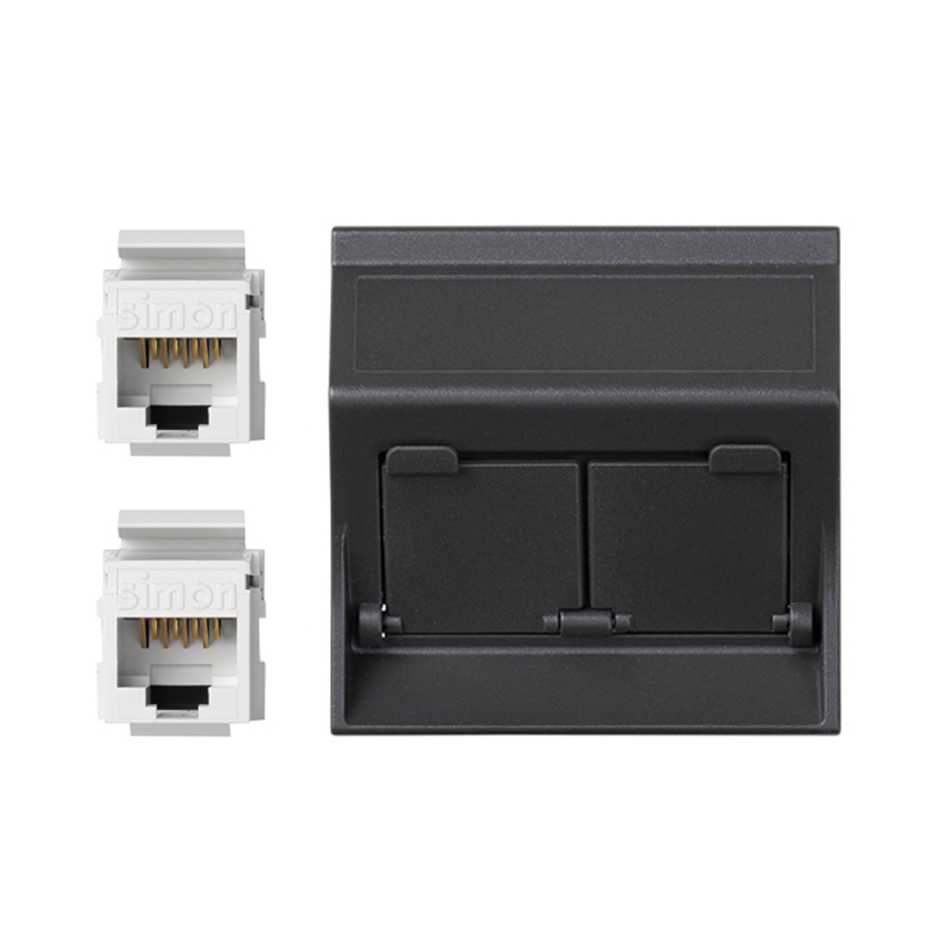 Placa de voz y datos inclinada con guardapolvo de 1 elemento con 2 RJ45 categoría 5e UTP grafito Simon 500 Cima