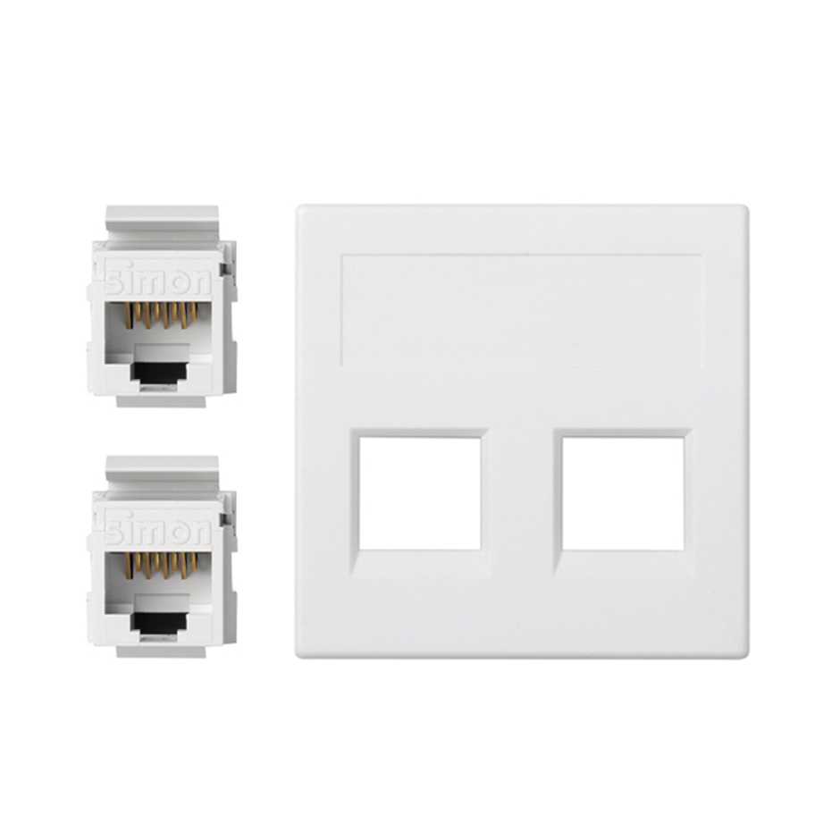 Plaque plate voix et données avec cache anti-poussière pour 1 élément avec 2 connecteurs RJ45 catégorie 5e UTP blanche Simon 500