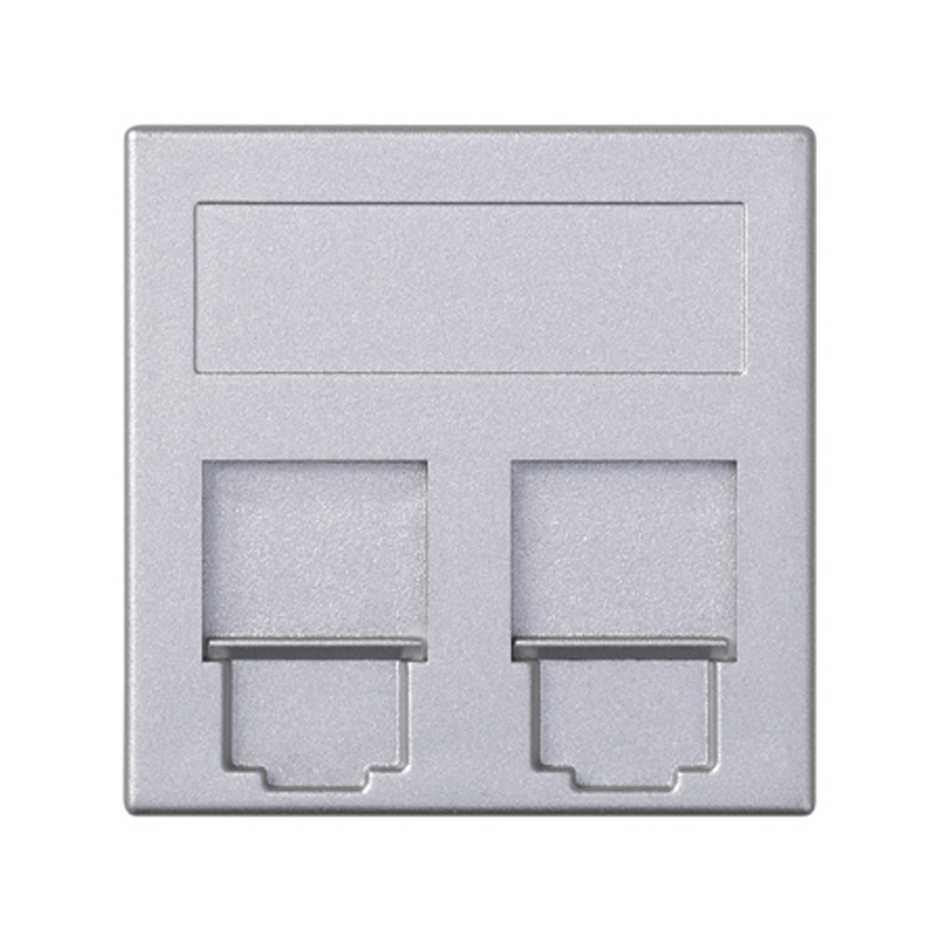 Plaque plate voix et données avec cache anti-poussière pour 1 élément pour 2 connecteurs RJ45 Nexans® aluminium Simon 500 Cima