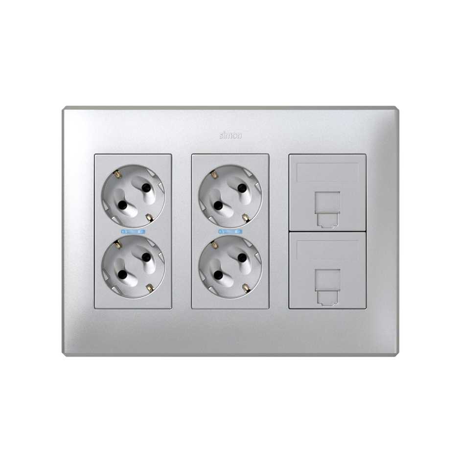 Surface mount or flush-mount wall box kit for 3 double elements with 2 double sockets and 2 plates 1 RJ45 aluminium Simon 500 Cima