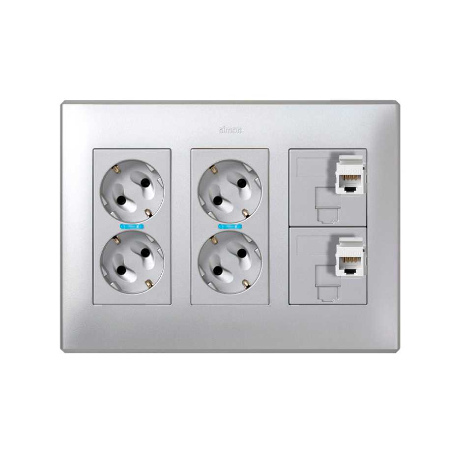 Surface mount or flush-mount wall box kit 3 double elements with 2 double sockets and 2 plates 1RJ45 UTP 6 aluminium Simon 500 Cima