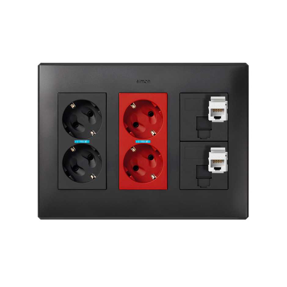 Kit boîte murale saillie/encastrement 3 éléments doubles avec 1 double prise,1 double prise UPS,2 prises RJ45 6 UTP graphite Simon 500 Cima