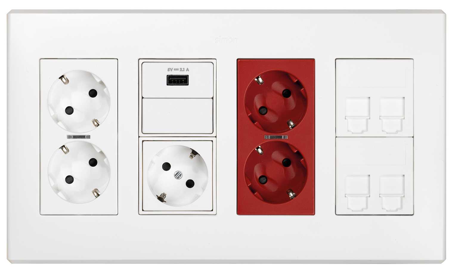 Surface mount/flush-mount wall box kit 4 double elements double socket outlet, USB, double UPS, 2 plates RJ45 white Simon 500 Cima