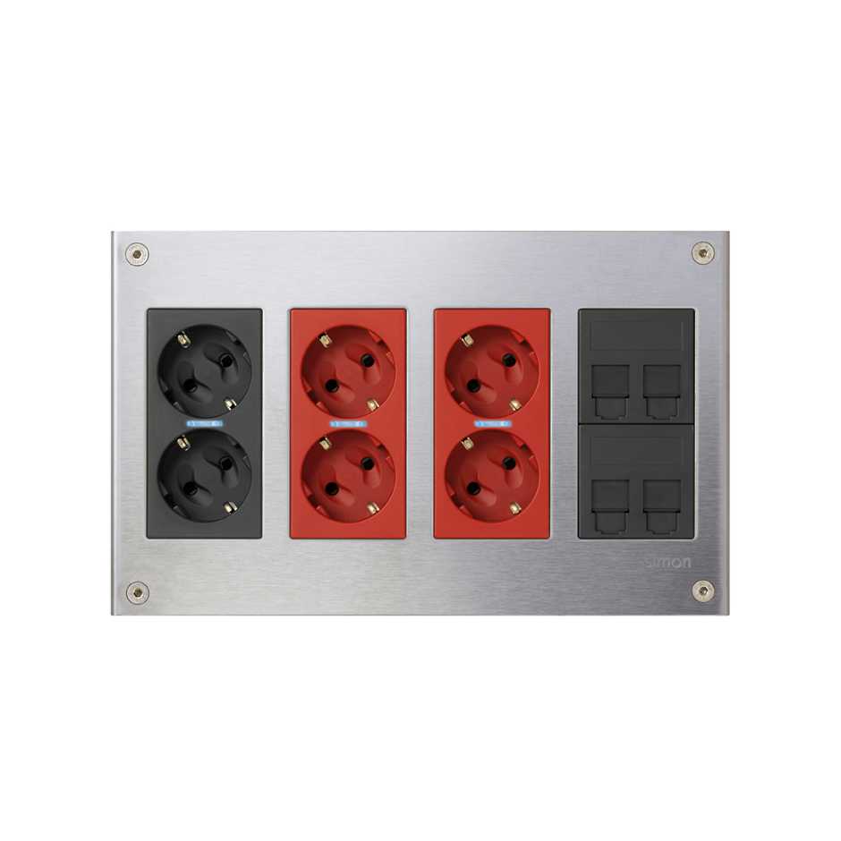 Metal surface mount wall box kit 4 double elements with 1 double socket, 2 dual UPS and 2 plates 2 RJ45 graphite Simon 500 Cima