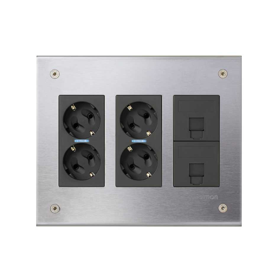 Metal flush-mount wall box kit for 3 double elements with 2 double sockets and 2 plates for 1 RJ45 graphite Simon 500 Cima