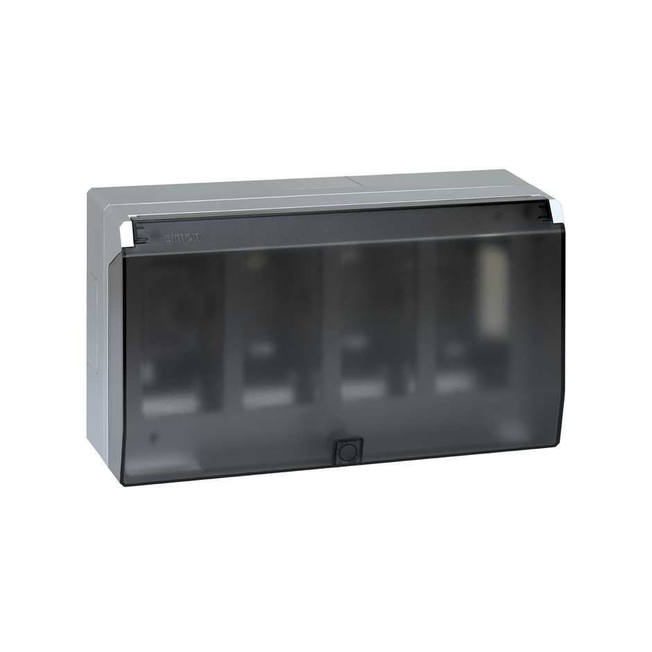 Surface-mount wall box with hinged cover for 4 double elements aluminium Simon 500 Cima
