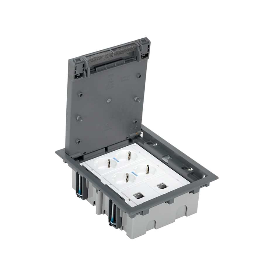 Adjustable floor box kit for concrete floor 6 elements with 1 double socket and 2 plates for 1 RJ45 3M® grey Simon 500 Cima