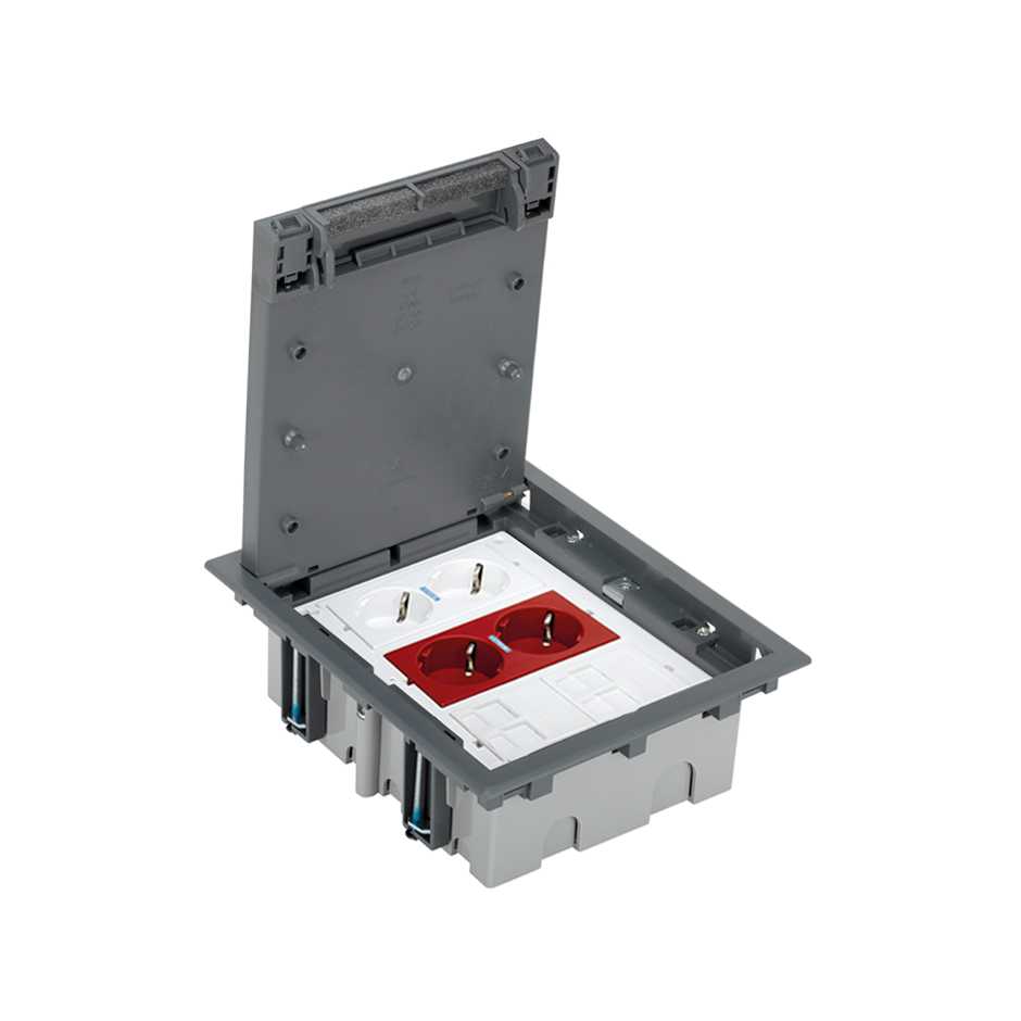 Adjustable floor box kit for concrete floor 6 elements with 1 double socket, 1 dual UPS, 2 plates 2 RJ45 grey Simon 500 Cima