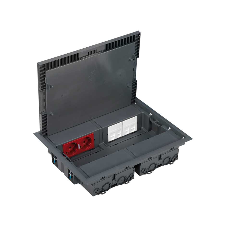 Shallow floor box kit for raised/concrete floor 8 elements 2 double sockets, dual UPS, 2 plates 2 RJ45 grey Simon 500 Cima
