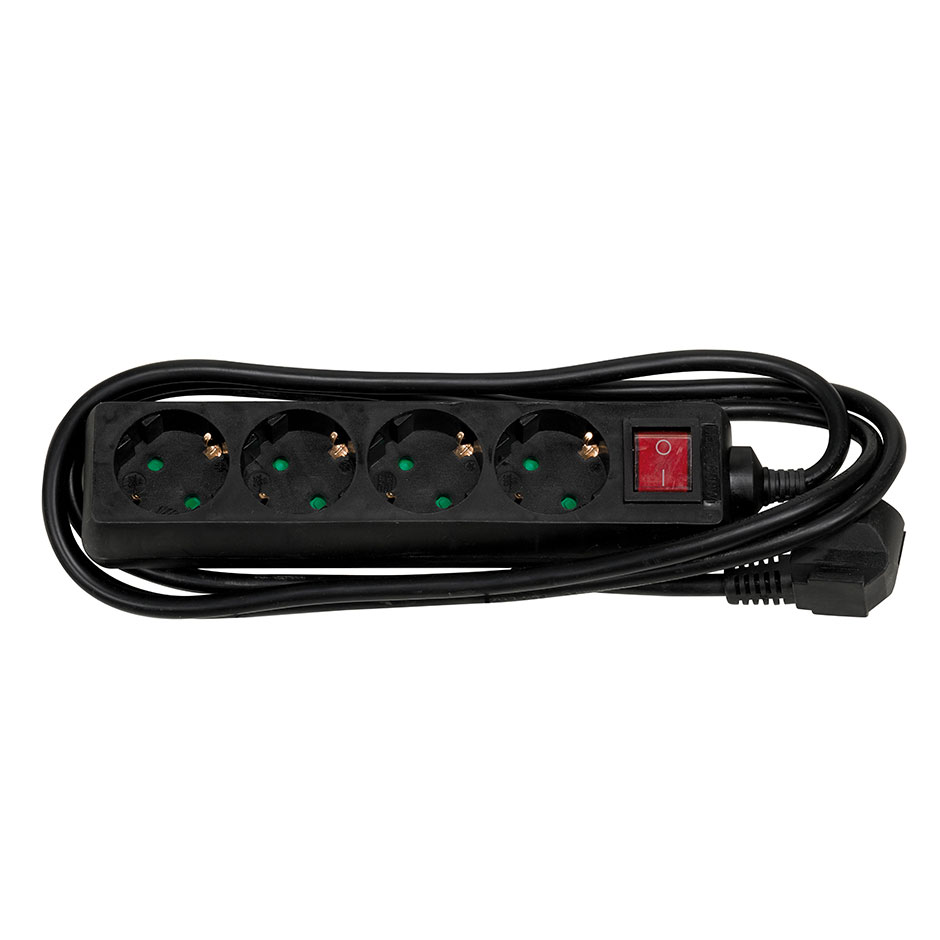 BASE MÚLTIPLE 4 TOMAS 16A 250V~ NEGRA CON INTERRUPTOR Y 2 METROS DE CABLE H05VV-F 3G1,5MM² Simon Brico