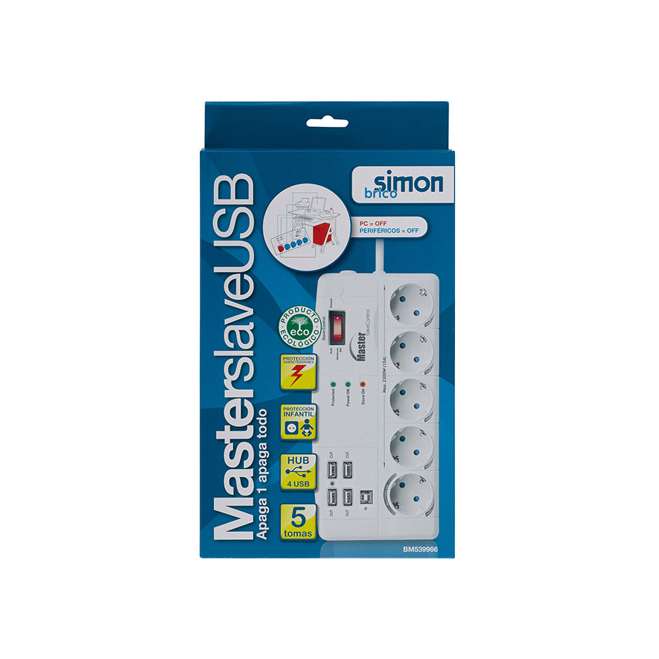 Base múltipla proteção branca master-slave USB com 5 tomadas de 16 A e 250 V~, 1,5 metros de cabo, H05VV-F, 3G 1,5 mm² da 
