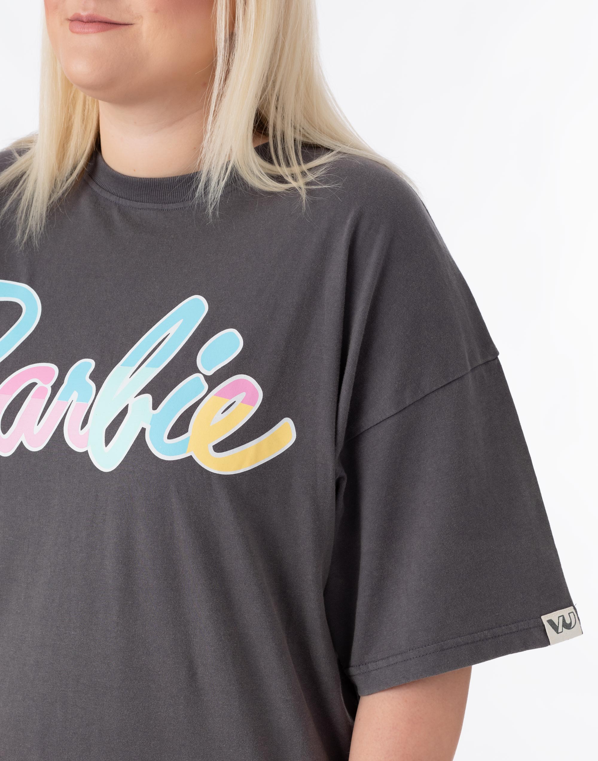 Barbie Grey Pastel Print Logo Short Sleeve Skater Dress Womens - Picture 16 of 34