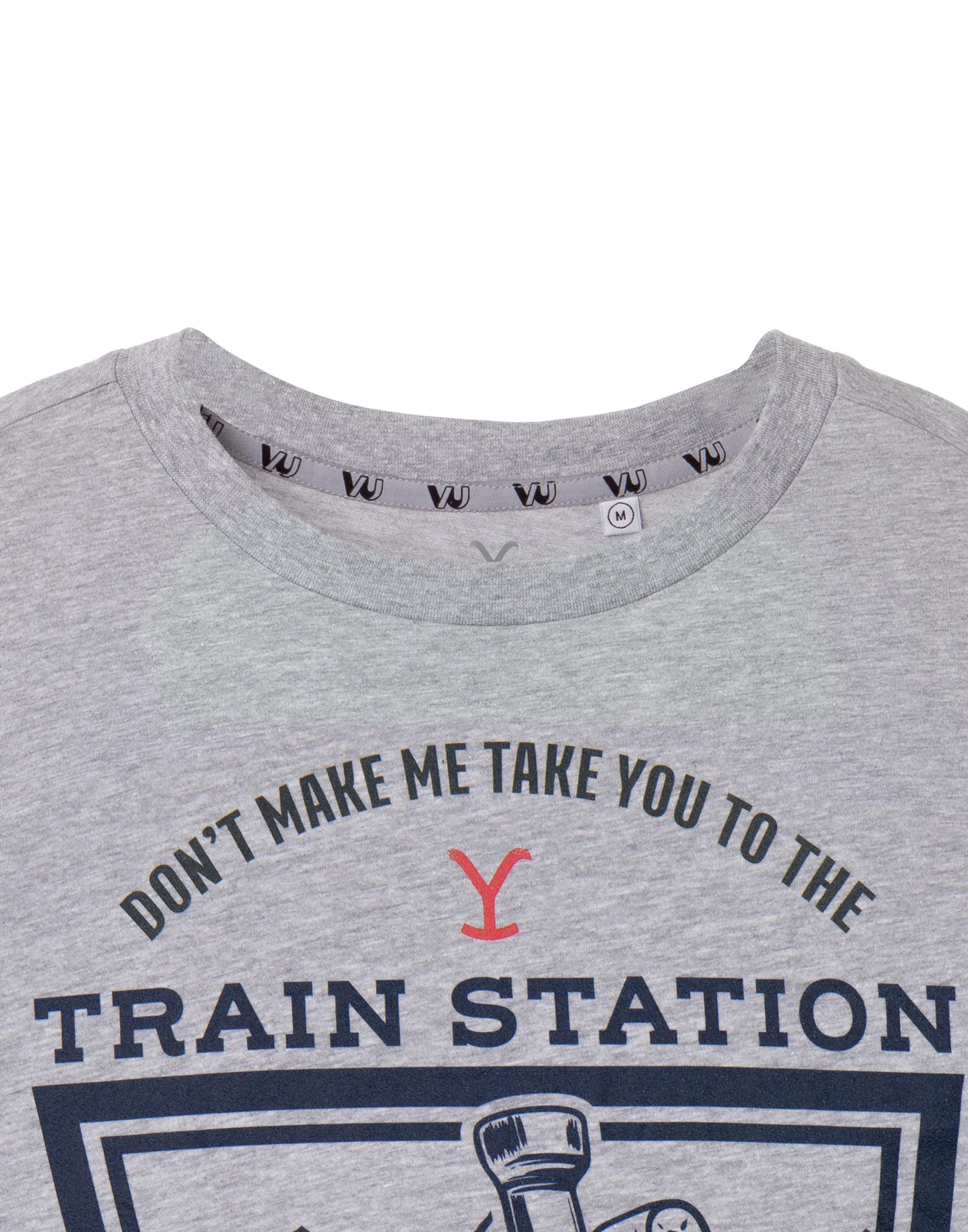 Yellowstone Dutton Ranch T-Shirt For Men - Grey Marl Graphic Tee, Short Sleeve, Western Train Station Design - View #3