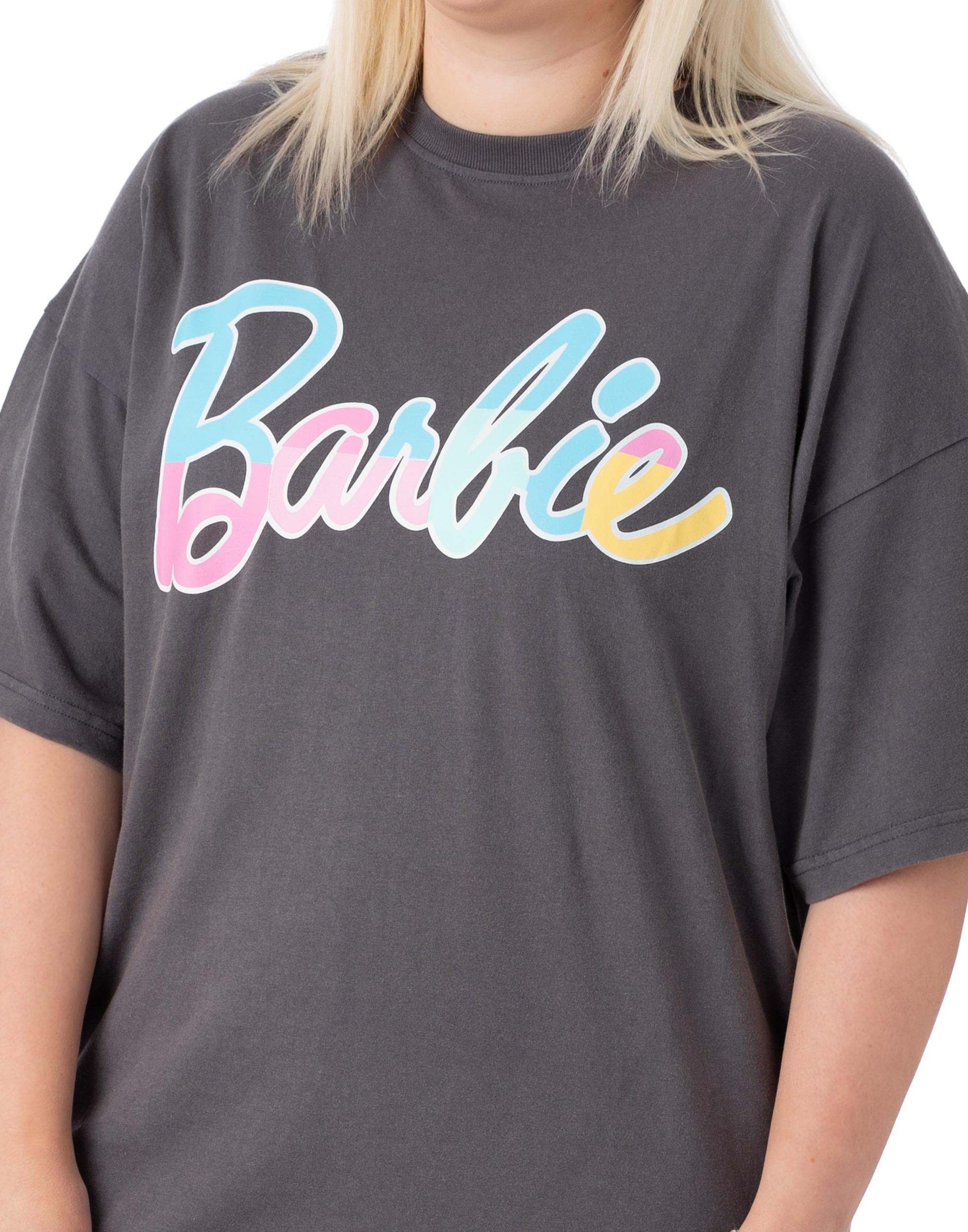 Barbie Grey Pastel Print Logo Short Sleeve Skater Dress Womens - Picture 12 of 34