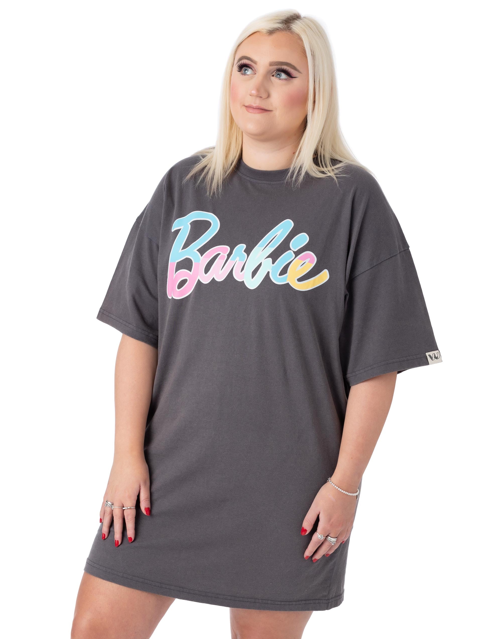 Barbie Grey Pastel Print Logo Short Sleeve Skater Dress Womens - Picture 11 of 34