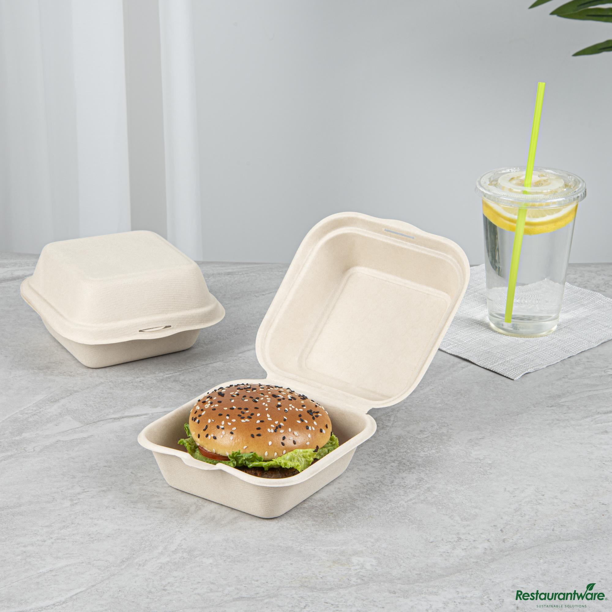 15 Oz Square White Sugarcane / Bagasse Clamshell Container - 6" X 6" X 3"