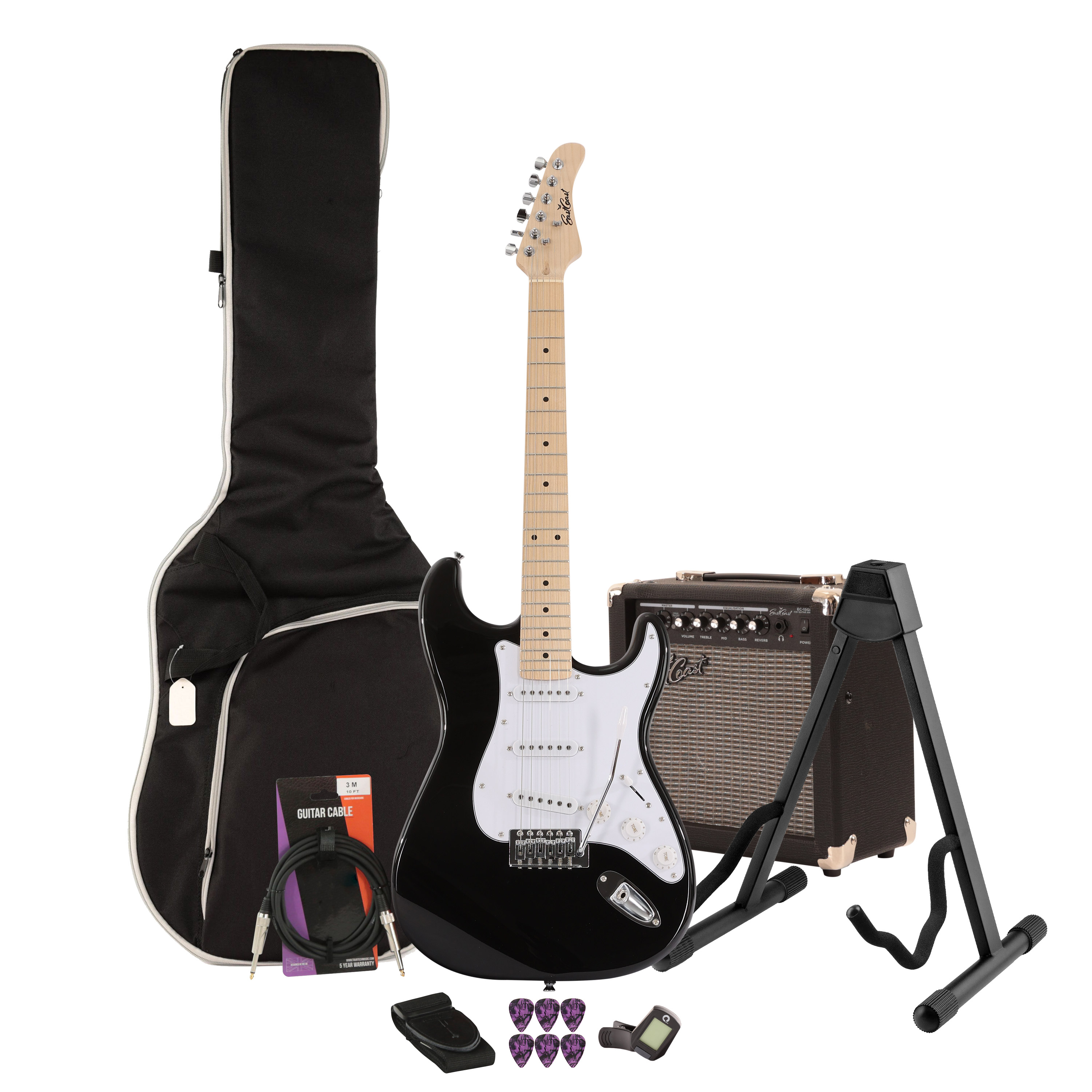 EastCoast ST1 Electric Guitar Starter Pack in Black with 15W Amp & Accessories