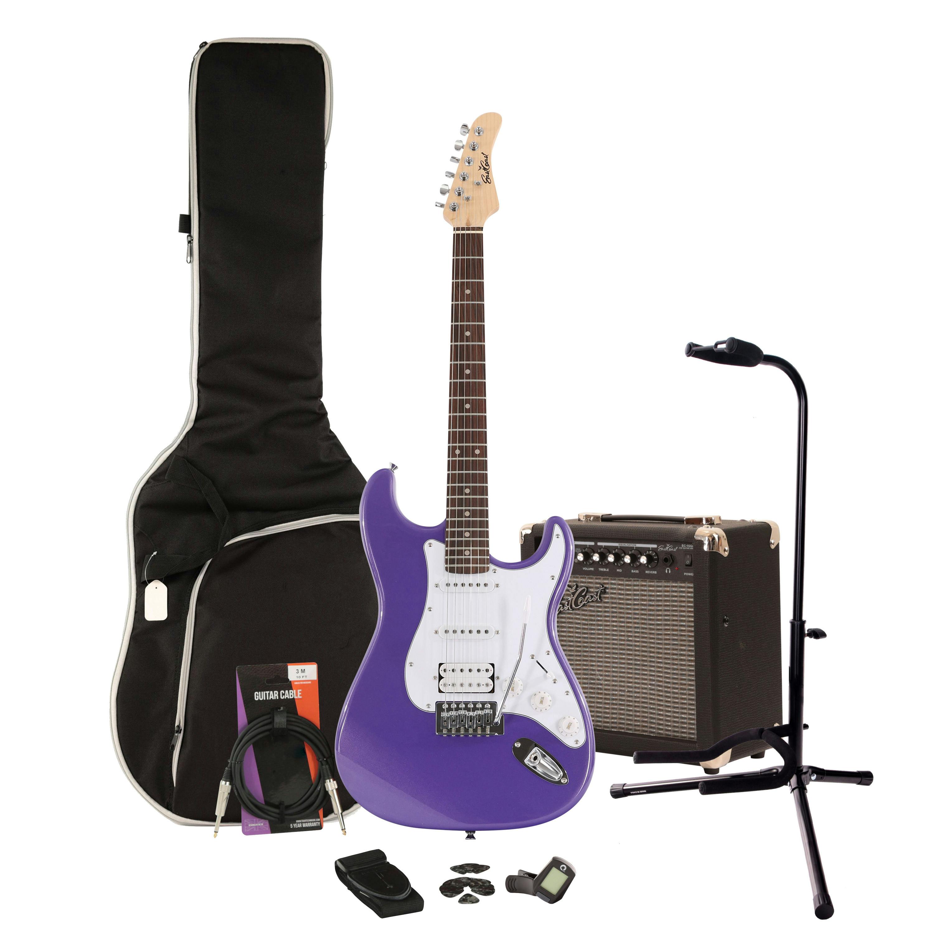 EastCoast ST2 Purple Metallic Electric Guitar Starter Pack with 15W Amp & Accessories