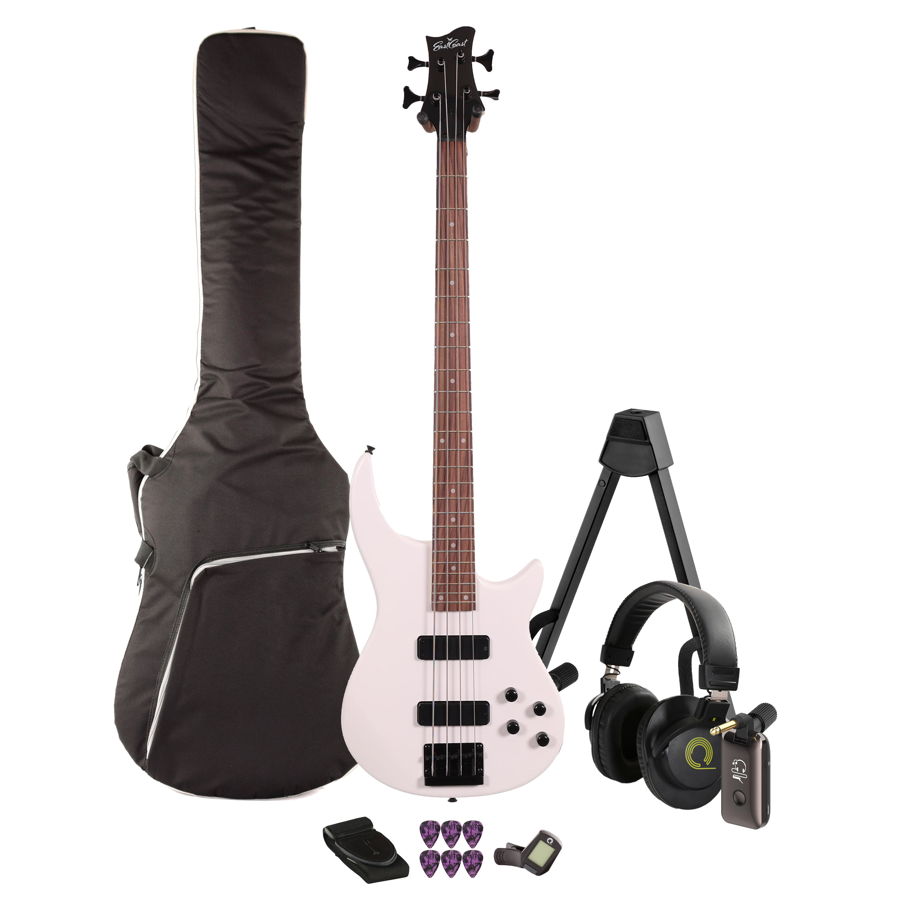 EastCoast MTB Bass Guitar Silent Bundle in Satin White with Headphone Amp & Accessories