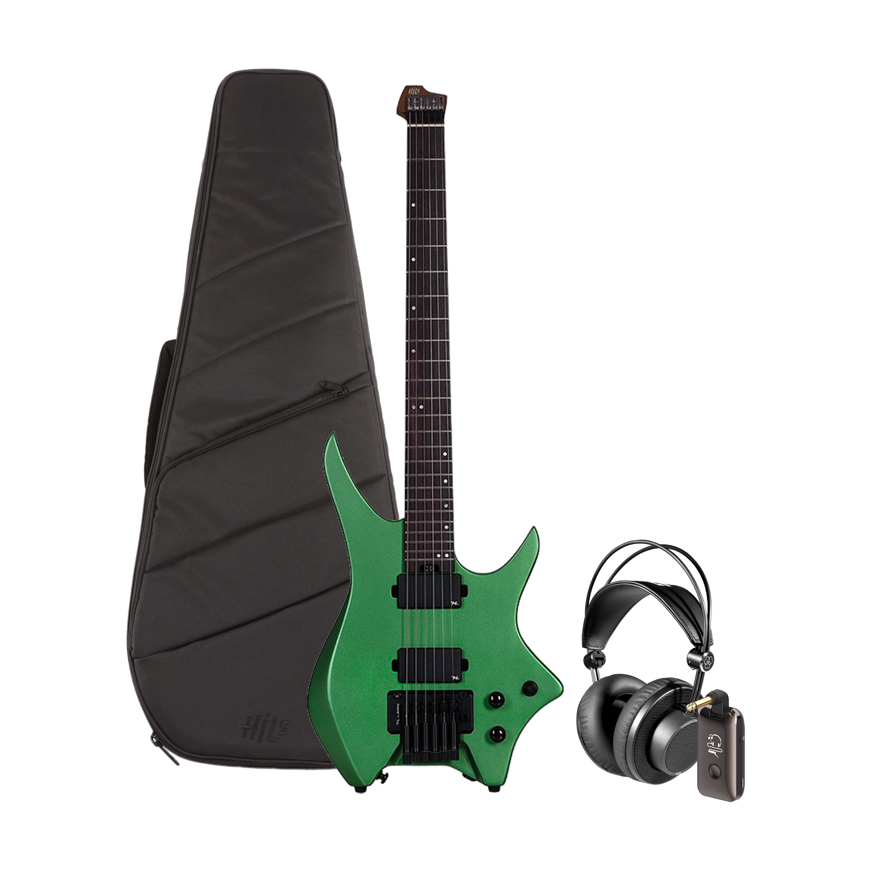 Hils HN5 Headless Guitar Satin Metallic Emerald Green Silent Bundle