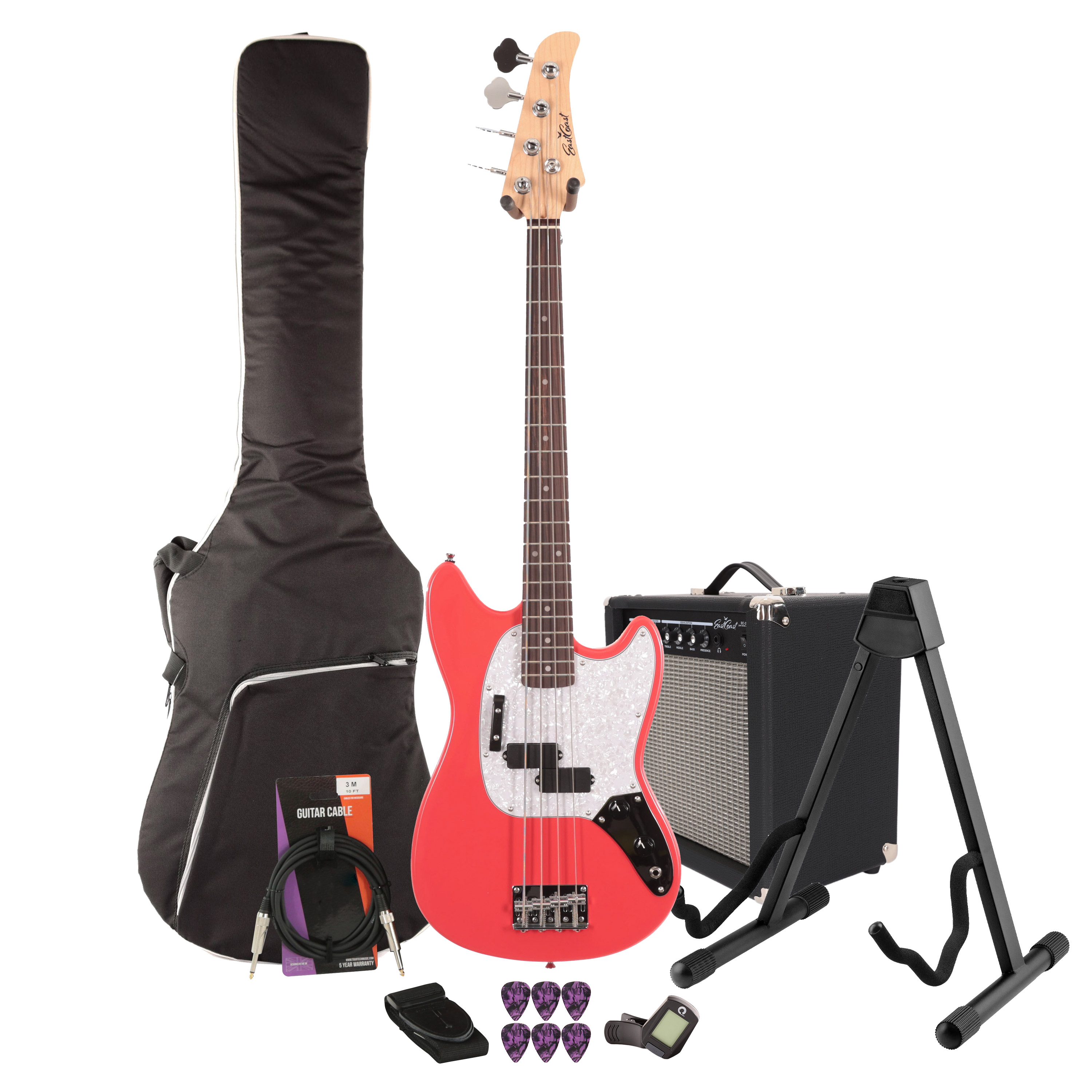Eastcoast MSB Bass Guitar Starter Pack in Fiesta Red with 25W Amp & Accessories