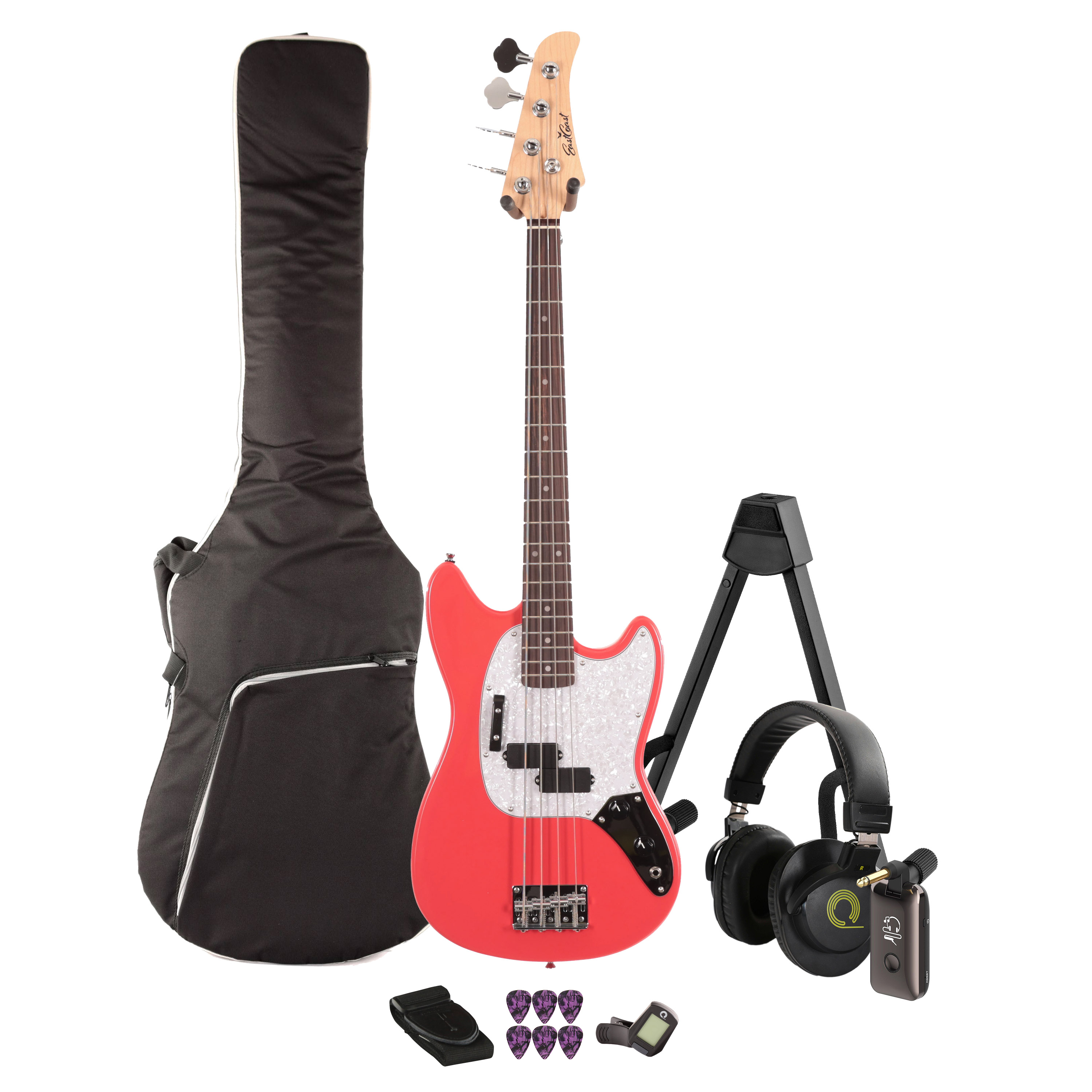 Eastcoast MSB Bass Guitar Silent Bundle in Fiesta Red with Headphone Amp & Accessories