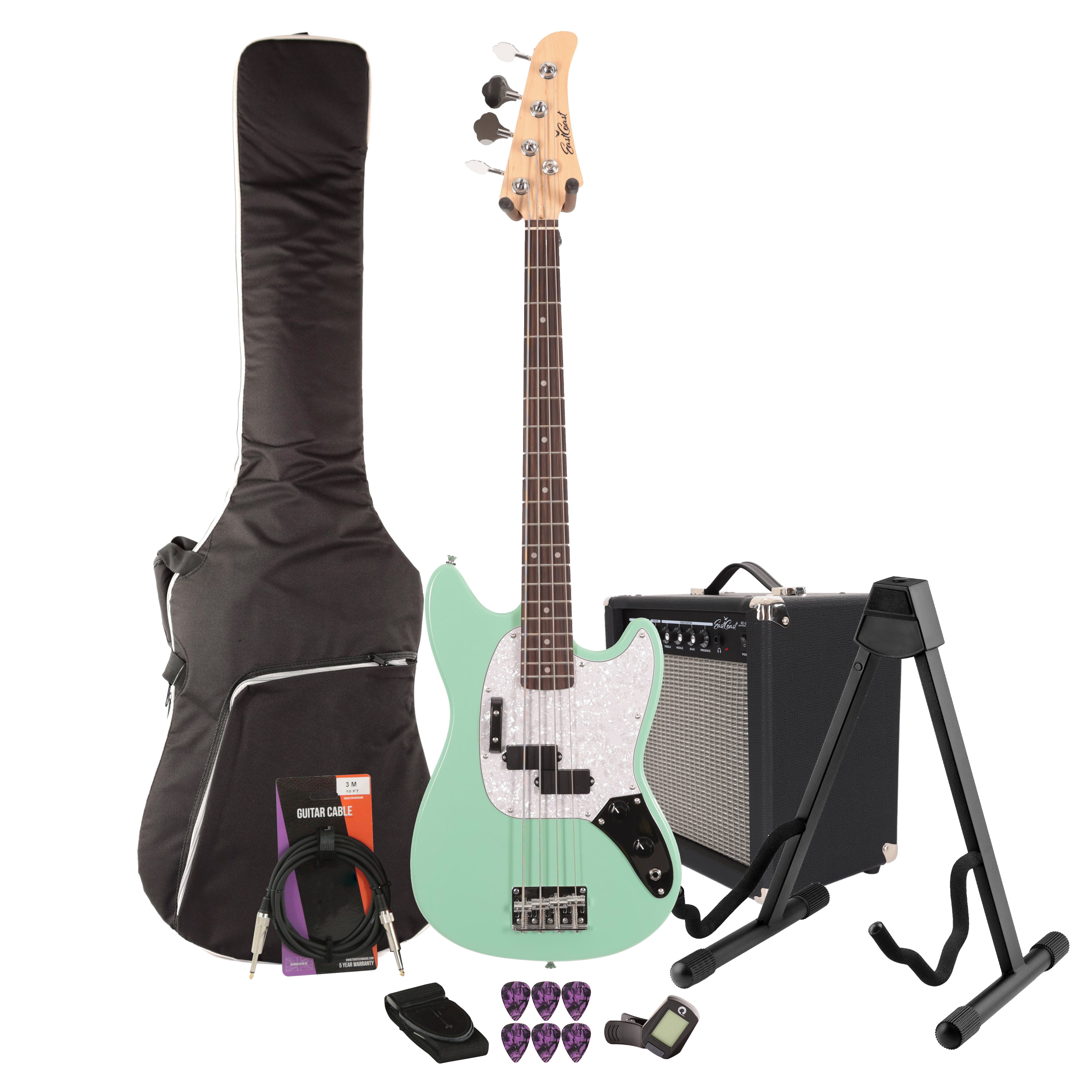 EastCoast MSB Bass Guitar Starter Pack in Seafoam Green with 25W Amp & Accessories
