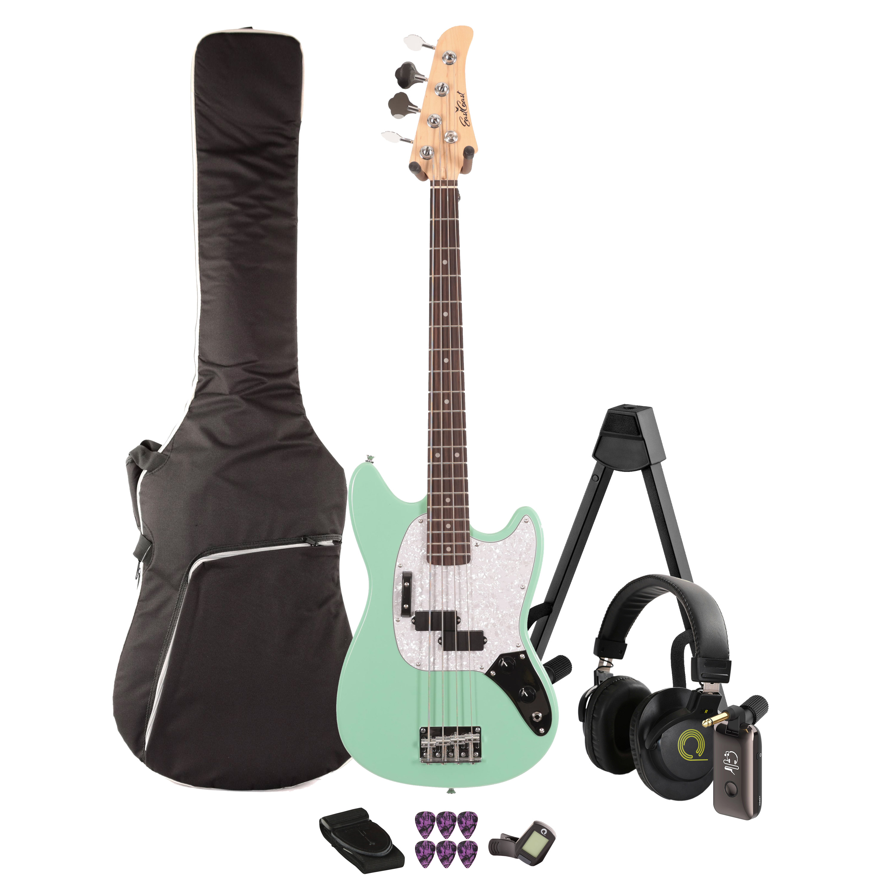 Eastcoast MSB Bass Guitar Silent Bundle in Seafoam Green with Headphone Amp & Accessories