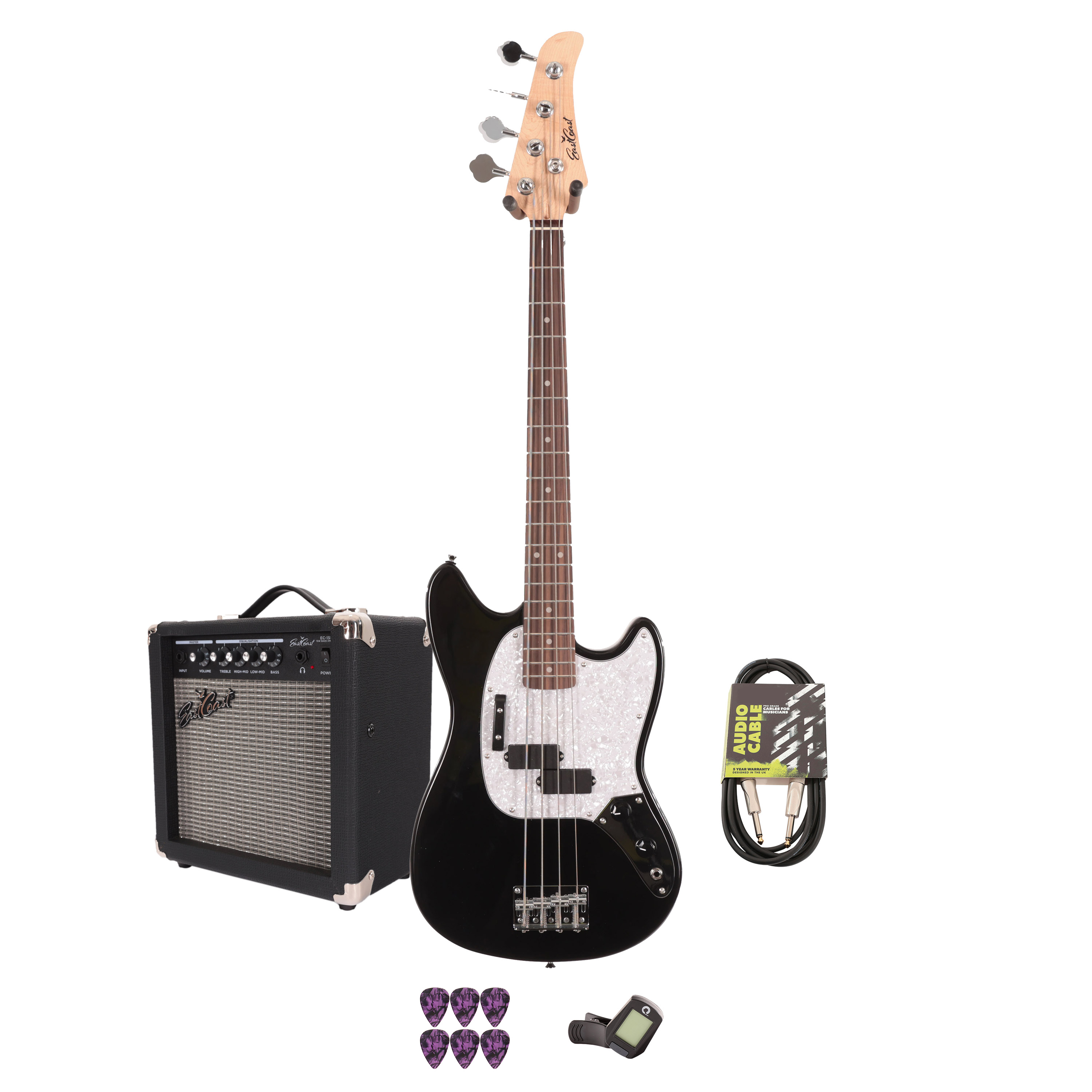 Eastcoast MSB Bass Guitar Starter Pack in Black with 15W Amp & Accessories