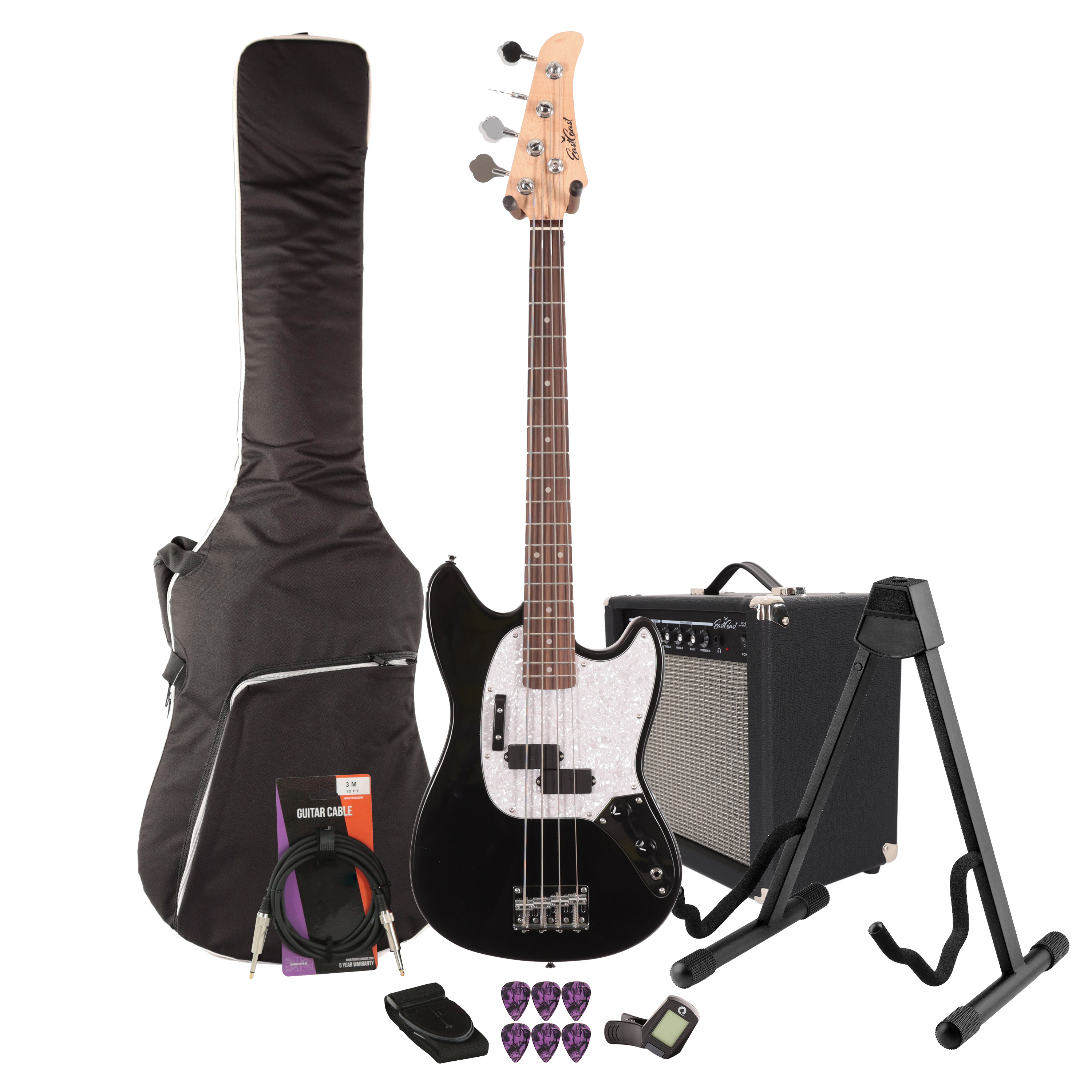 Eastcoast MSB Bass Guitar Starter Pack in Black with 25W Amp & Accessories