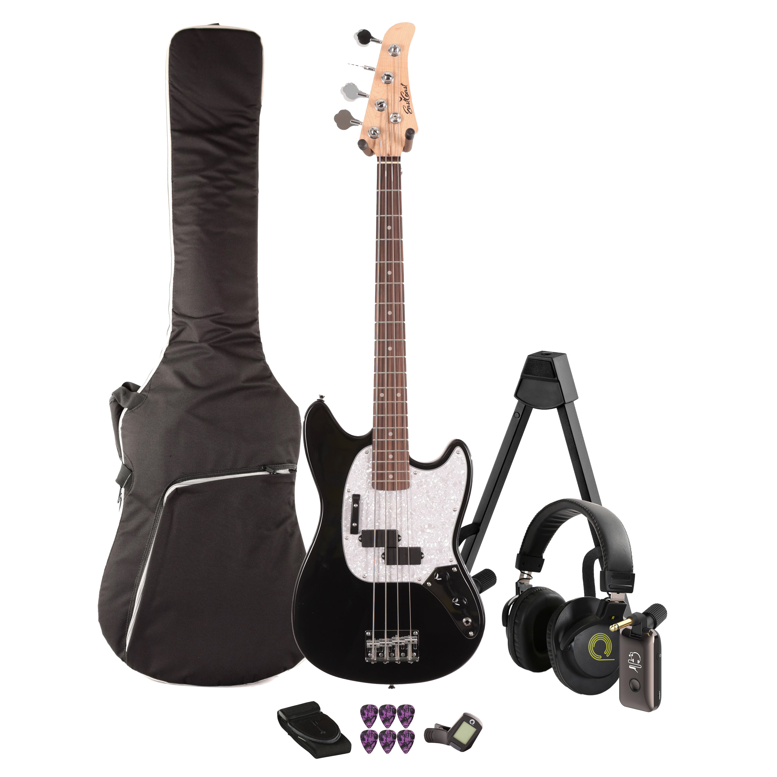 Eastcoast MSB Bass Guitar Silent Bundle in Black with Headphone Amp & Accessories