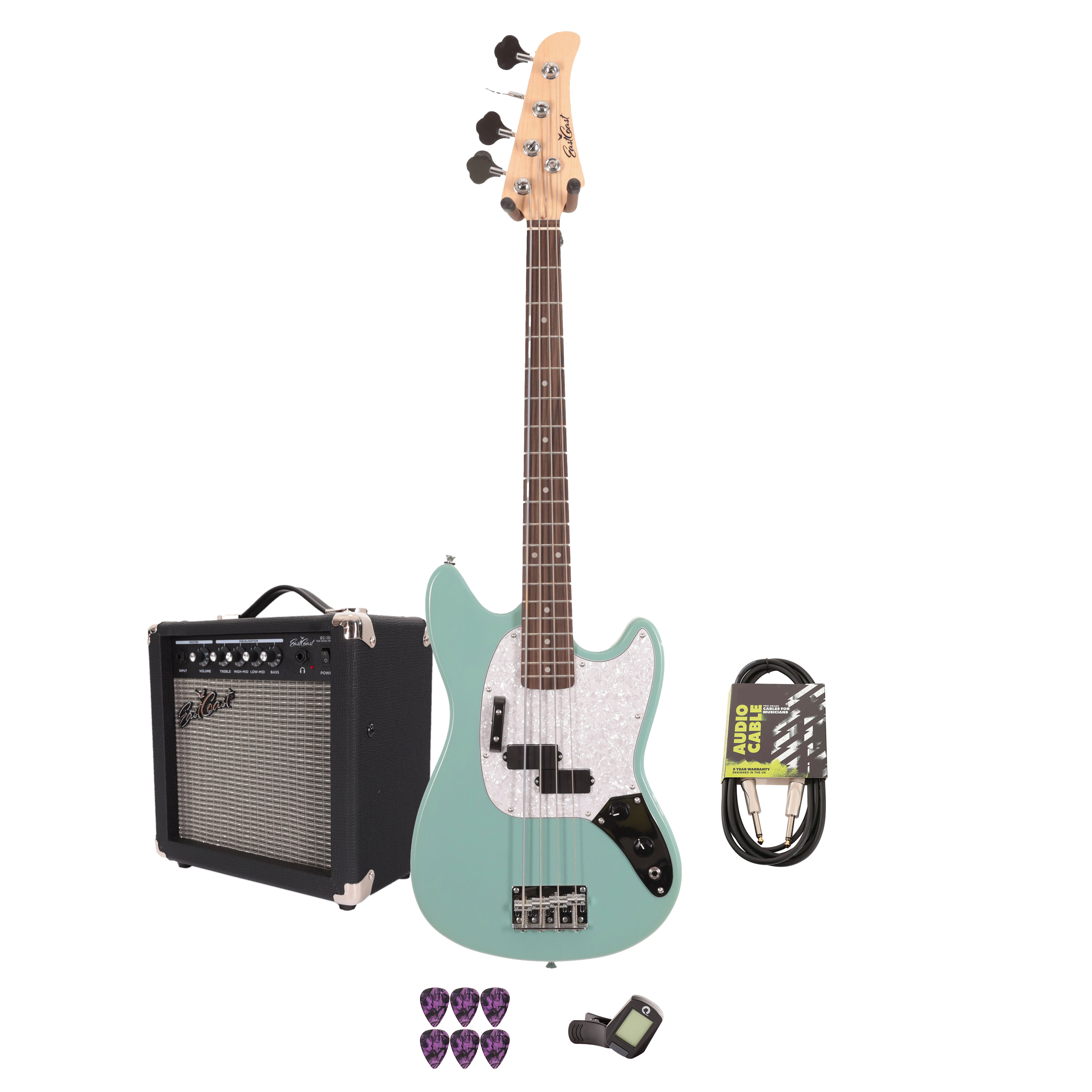 Eastcoast MSB Bass Guitar Starter Pack in Daphne Blue with 15W Amp & Accessories