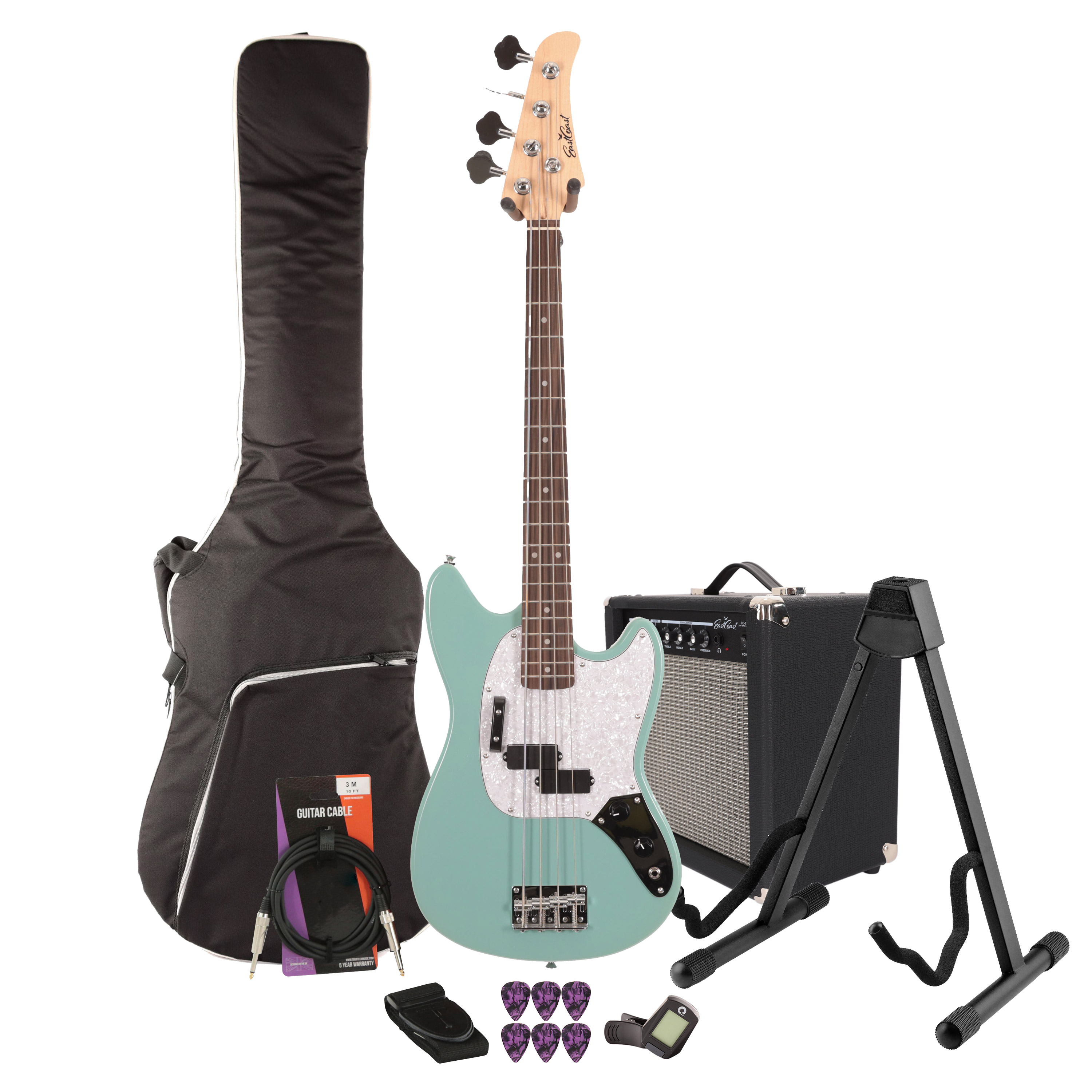 Eastcoast MSB Bass Guitar Starter Pack in Daphne Blue with 25W Amp & Accessories