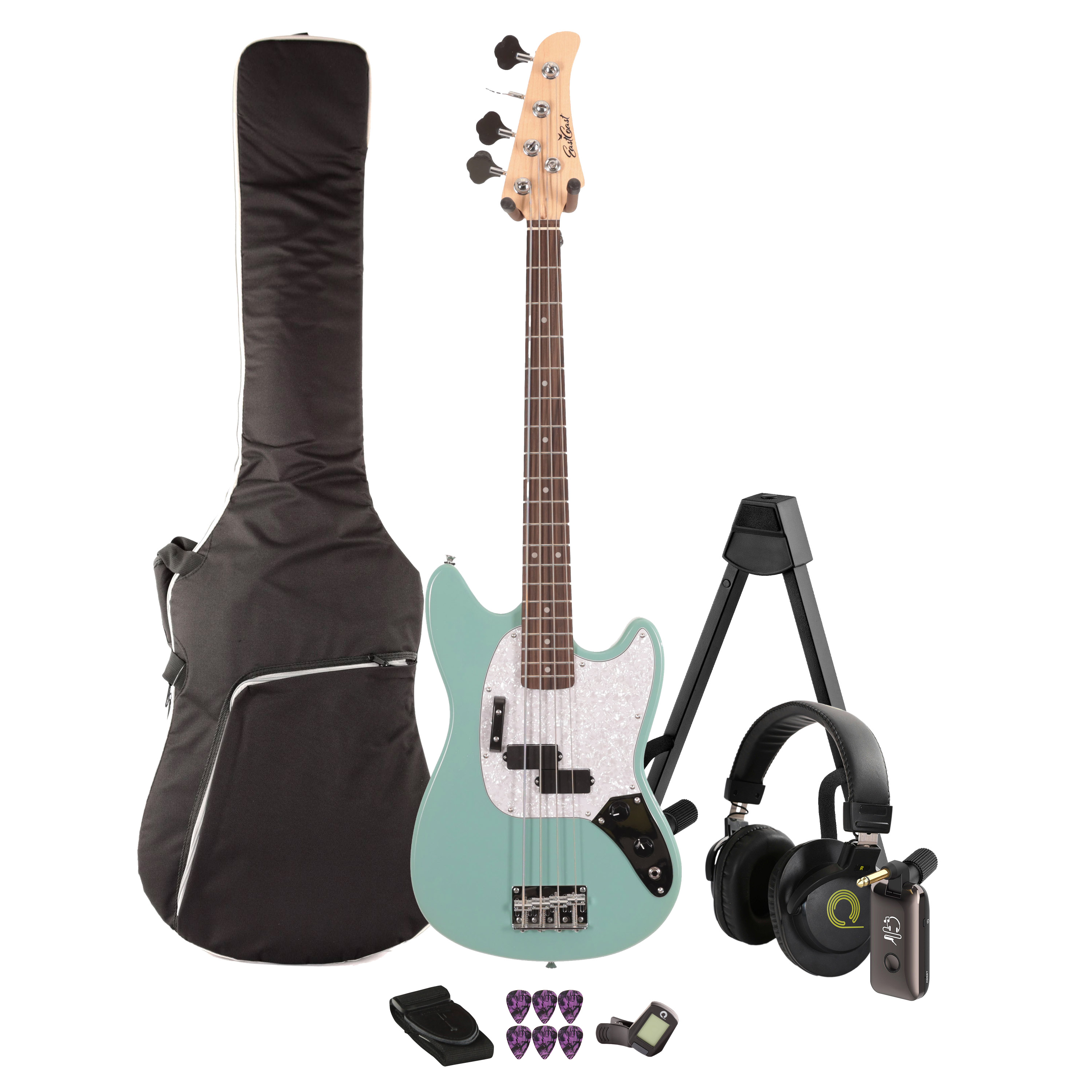 Eastcoast MSB Bass Guitar Silent Bundle in Daphne Blue with Headphone Amp & Accessories