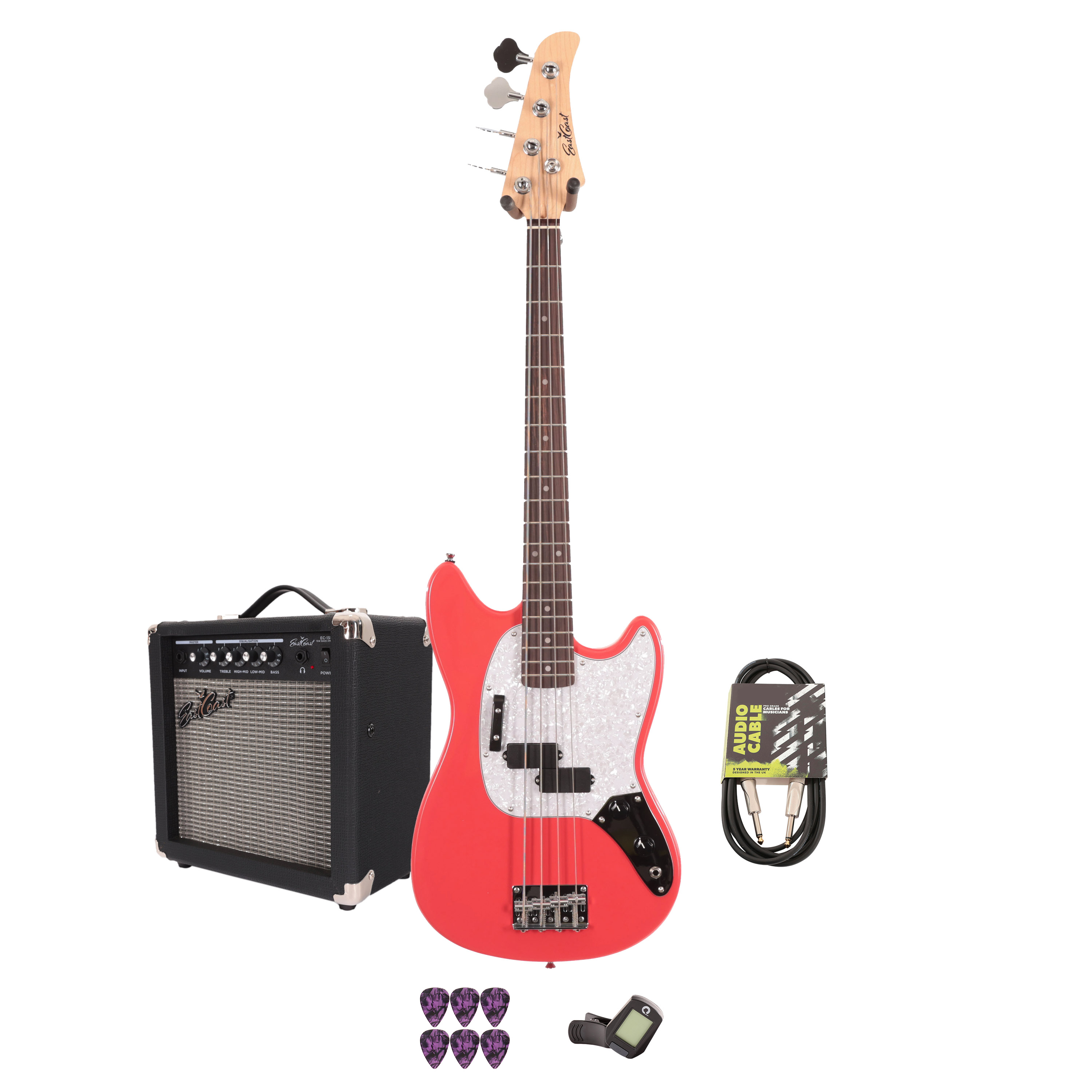 Eastcoast MSB Bass Guitar Starter Pack in Fiesta Red with 15W Amp & Accessories