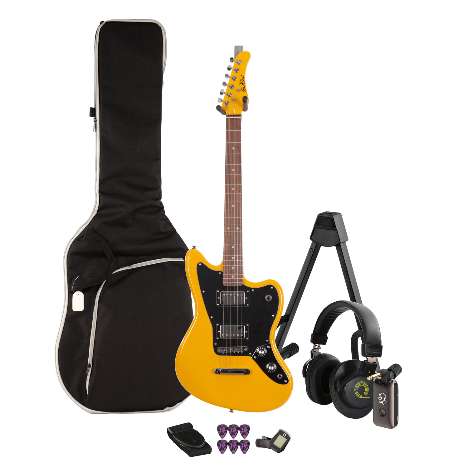 EastCoast JG Offset Electric Guitar HH Silent Bundle in Yellow With Headphones & Headphone Amp