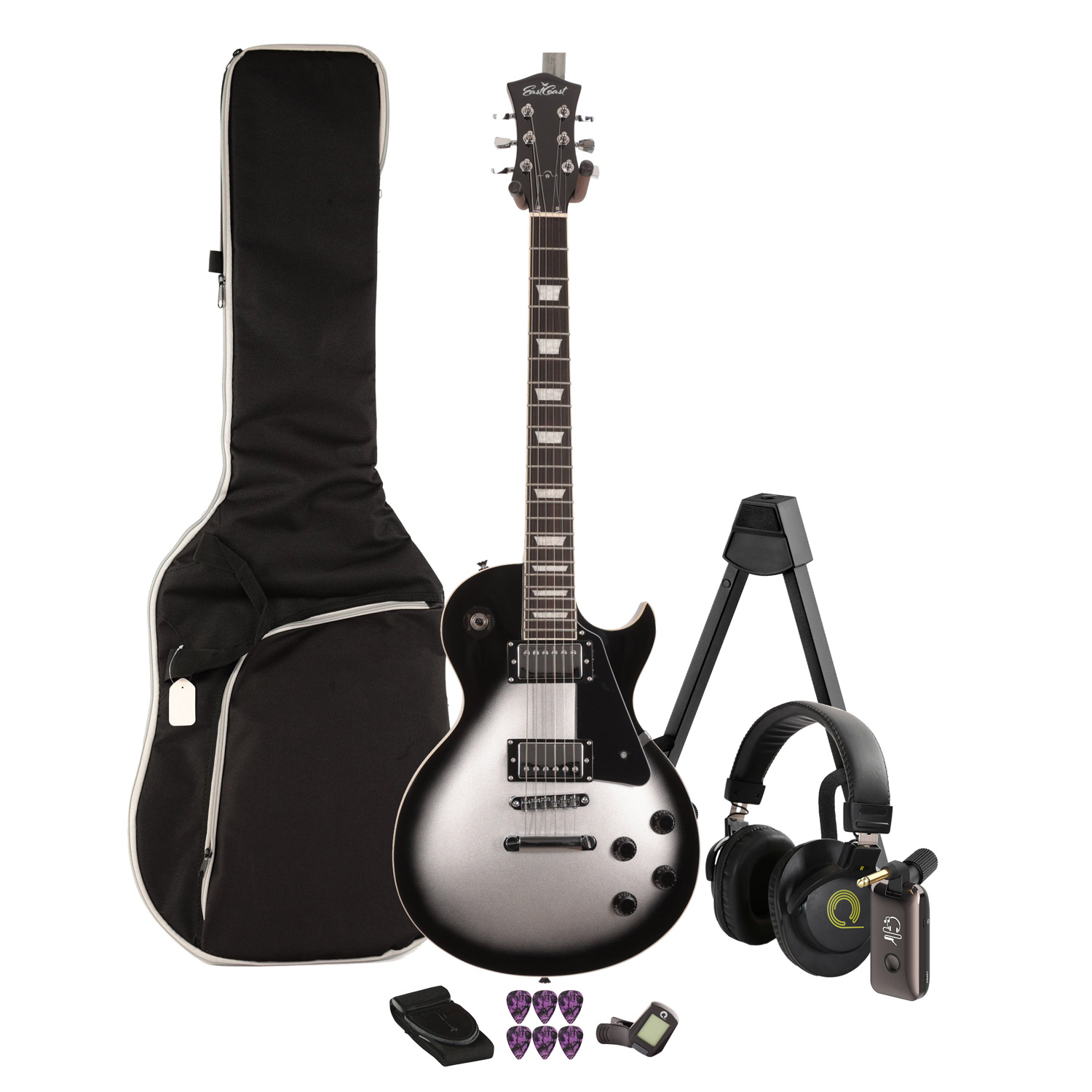 EastCoast L1 Electric Guitar Silent Bundle in Silverburst With Headphones and Headphone Amp
