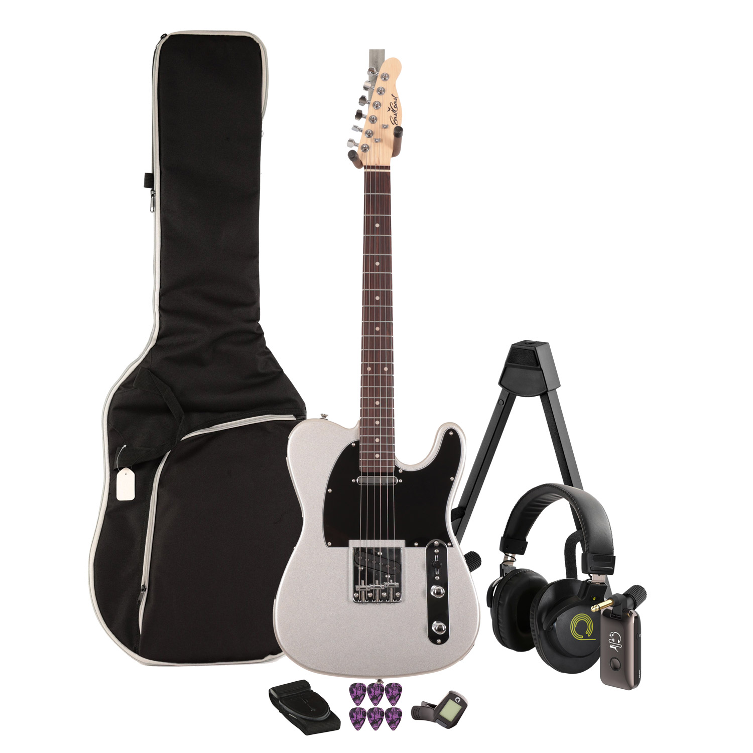 EastCoast T1 Electric Guitar Silent Bundle in Slick Silver With Headphones and Headphone Amp