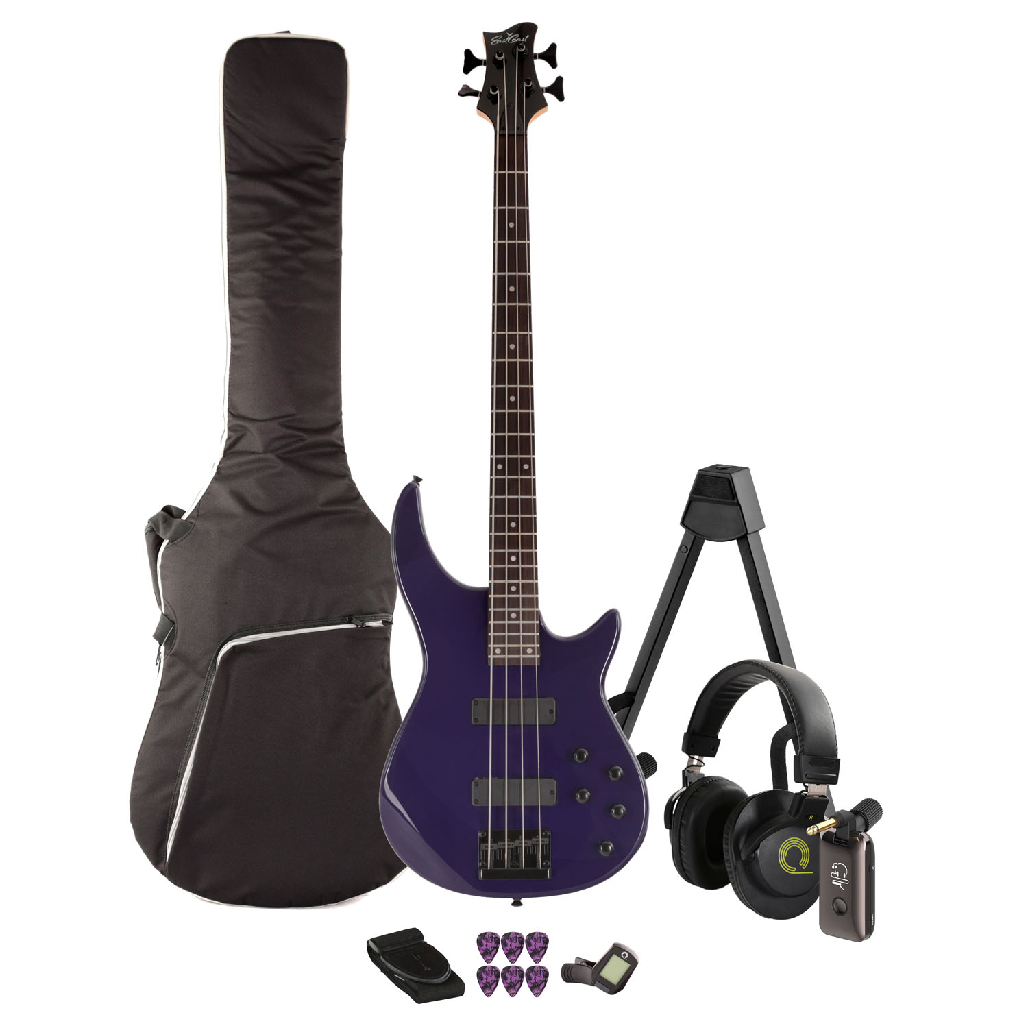 EastCoast MB4 Bass Guitar Bundle in Purple with Headphones and Headphone Amp